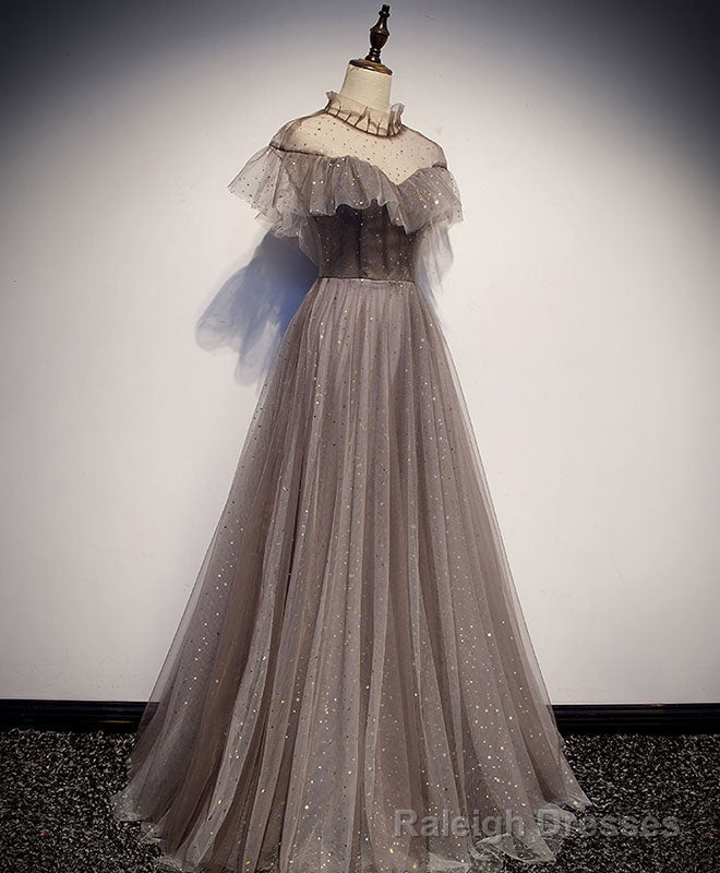Unique Tulle Long Prom Dress, Tulle Gray Evening Dress
