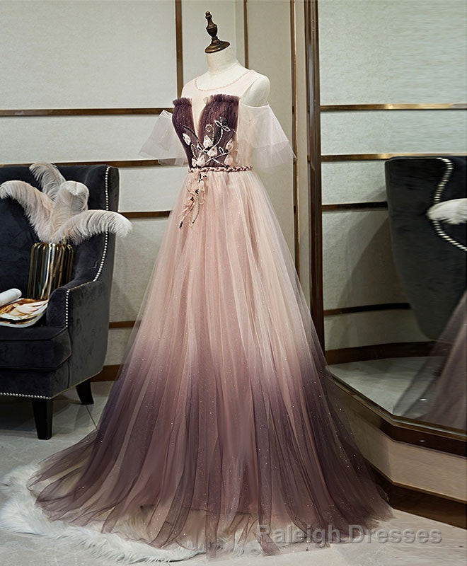 Unique Tulle Round Neck Lace Long Prom Dress Tulle Evening Dress Main image