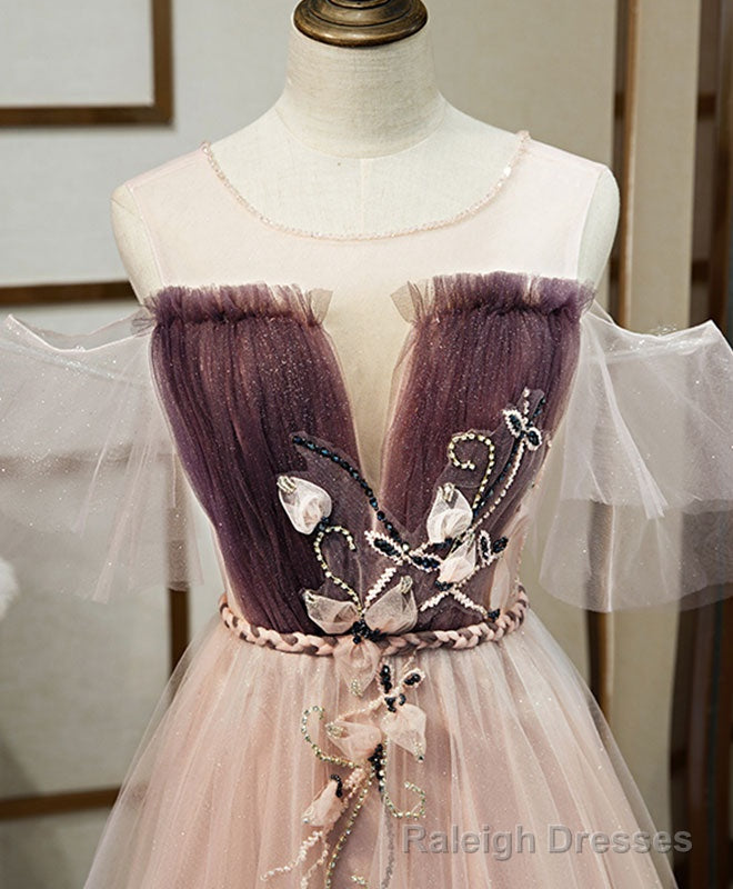 Unique Tulle Round Neck Lace Long Prom Dress Tulle Prom Dress