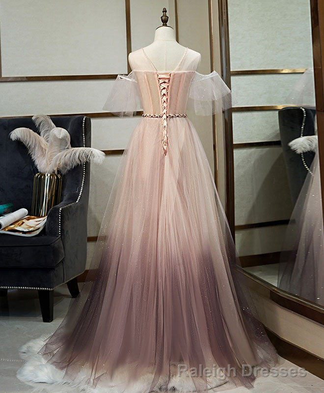 Unique Tulle Round Neck Lace Long Prom Dress Tulle Prom Dress