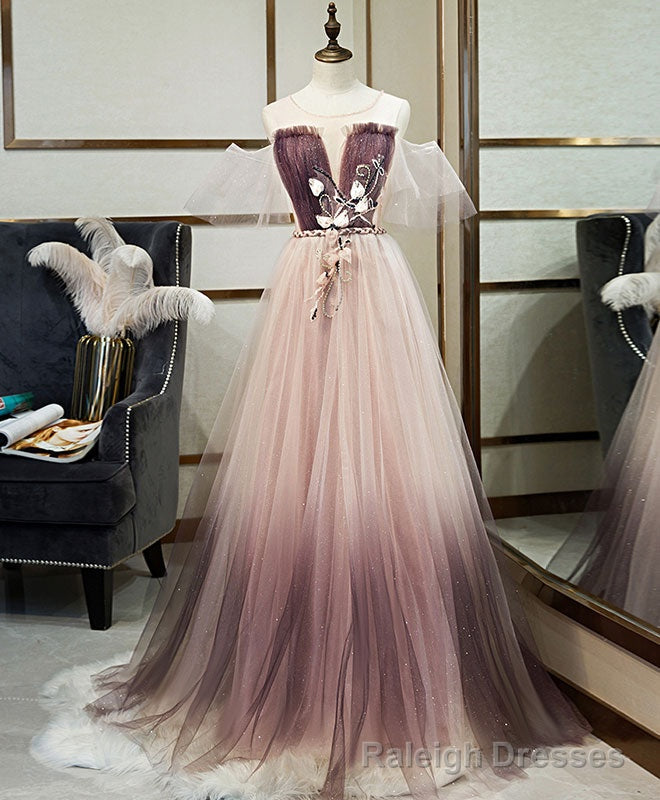 Unique Tulle Round Neck Lace Long Prom Dress Tulle Prom Dress Secondary image