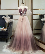 Unique Tulle Round Neck Lace Long Prom Dress Tulle Prom Dress