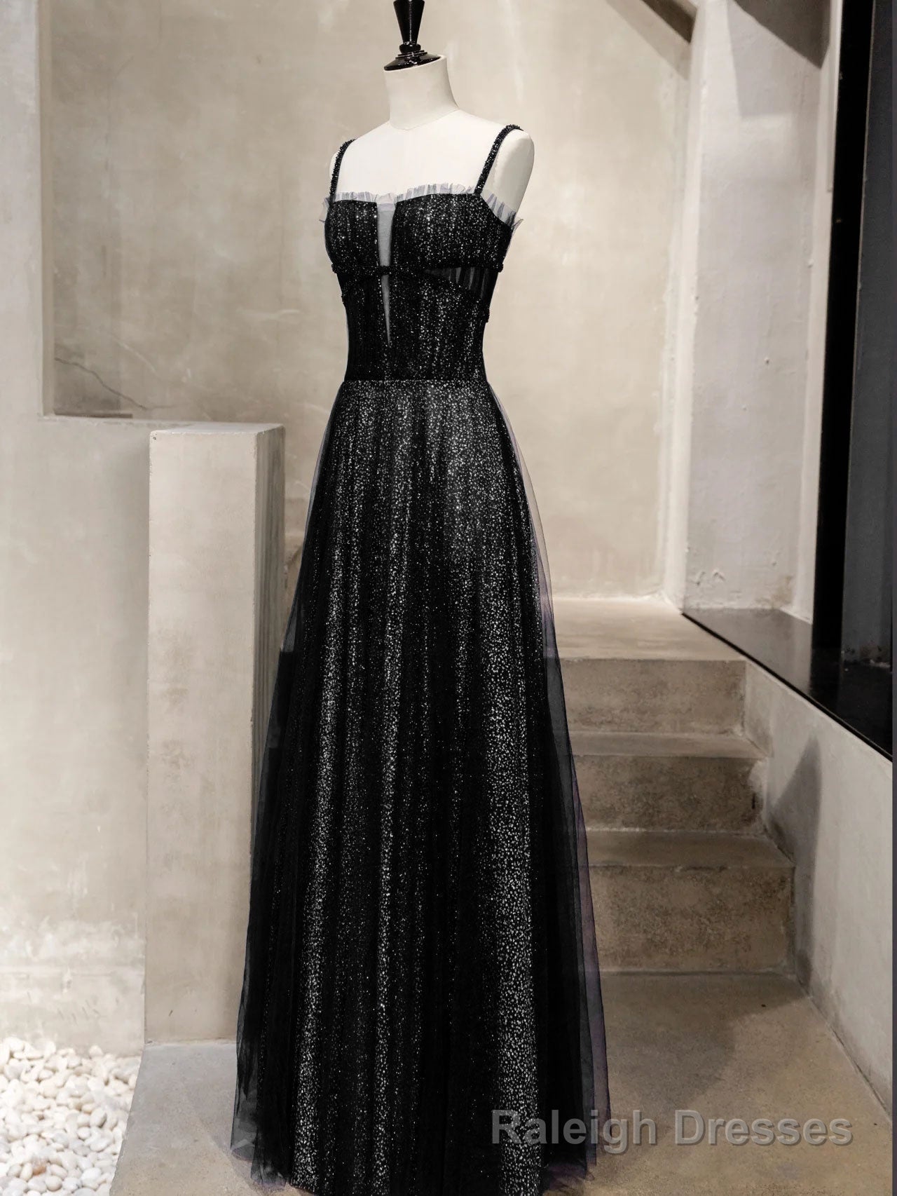 Unique Tulle Sequin Long Prom Dress, Tulle Sequin Graduation Dresses