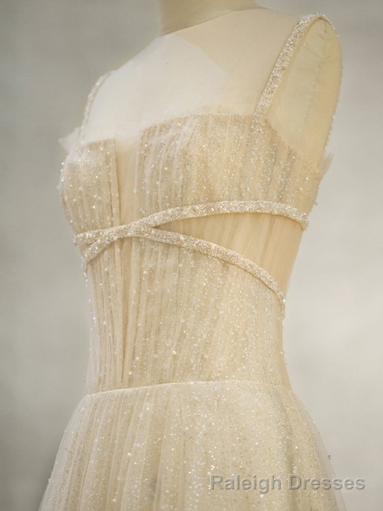 Unique Tulle Sequin Long Prom Dress, Tulle Sequin Graduation Dresses