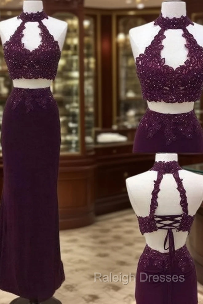 Unique Two Pieces Lace Applique Long Prom Dress, Lace Evening Dress Main image