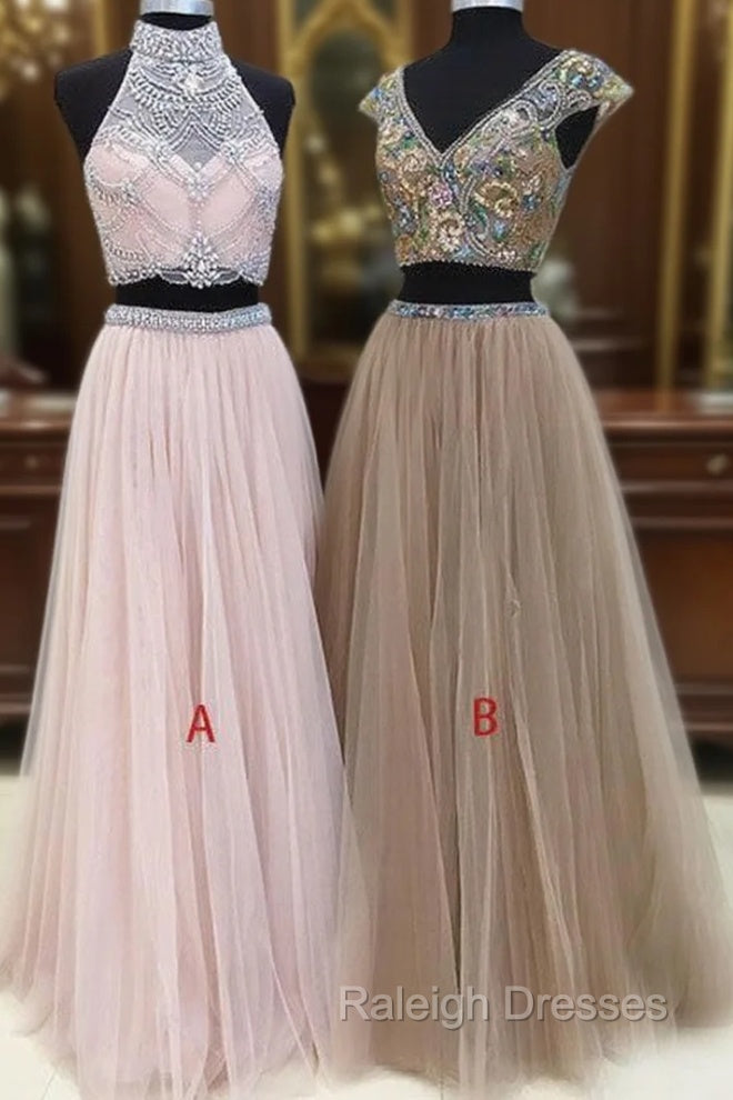 Unique Two Pieces Tulle Long Prom Dress, Unique Evening Dress