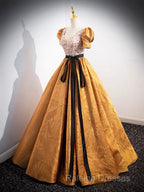 Unique V-Neck Beaded Floor Length Prom Dress, Beautiful A-Line Short Sleeve Party Dress