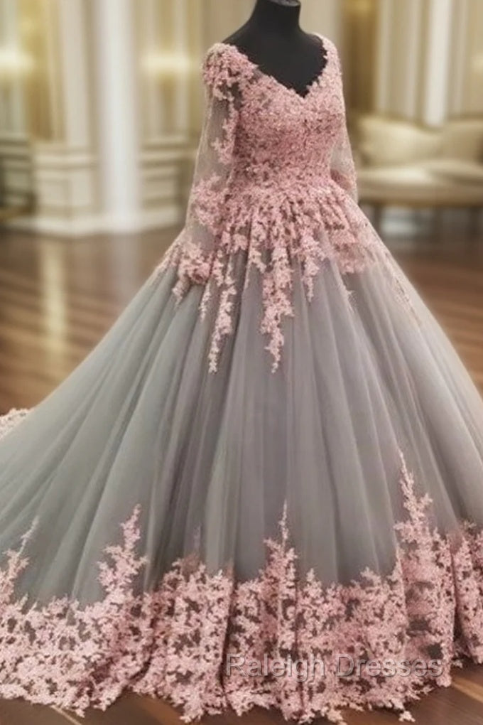 Unique V Neck Pink Lace Tulle Long Prom Dresses Pink Lace Tulle Wedding Dresses Main image