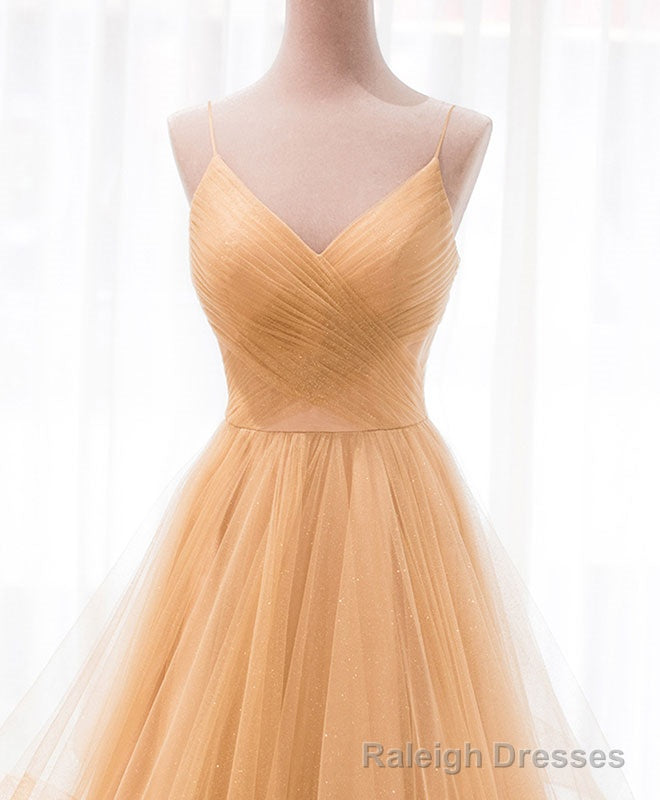 Unique V Neck Tulle A Line Long Prom Dress Tulle Formal Dress