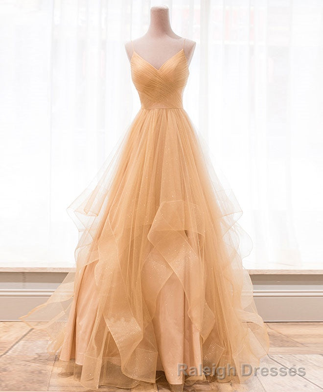 Unique V Neck Tulle A Line Long Prom Dress Tulle Formal Dress