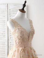 Unique V Neck Tulle Lace Applique Long Prom Dress, Prom Dress