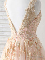 Unique V Neck Tulle Lace Applique Long Prom Dress, Prom Dress