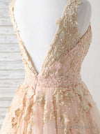 Unique V Neck Tulle Lace Applique Long Prom Dress, Evening Dress