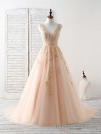 Unique V Neck Tulle Lace Applique Long Prom Dress, Prom Dress