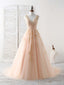 Unique V Neck Tulle Lace Applique Long Prom Dress, Prom Dress