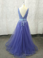 Unique V Neck Tulle Lace Applique Long Prom Dress, Tulle Prom Dress