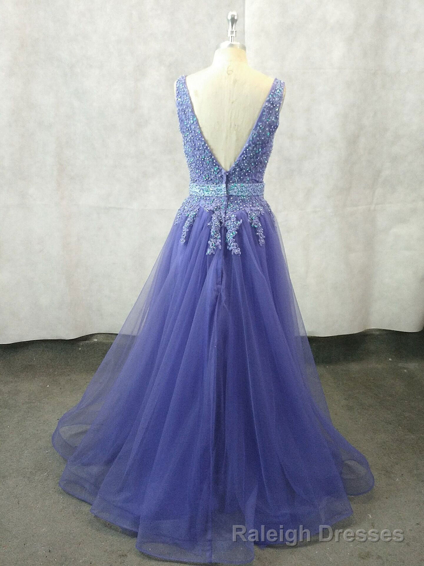 Unique V Neck Tulle Lace Applique Long Prom Dress, Tulle Prom Dress