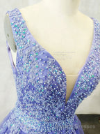 Unique V Neck Tulle Lace Applique Long Prom Dress, Tulle Prom Dress