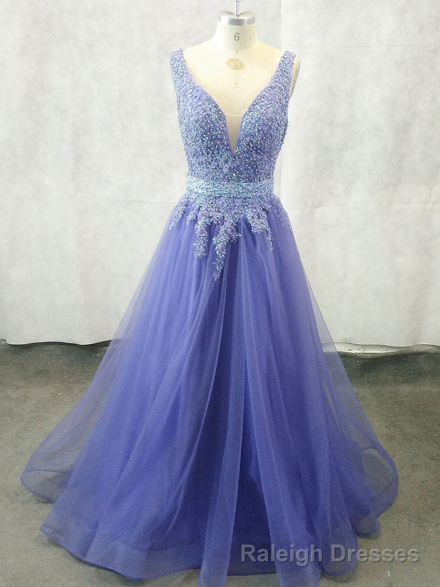 Unique V Neck Tulle Lace Applique Long Prom Dress, Tulle Prom Dress