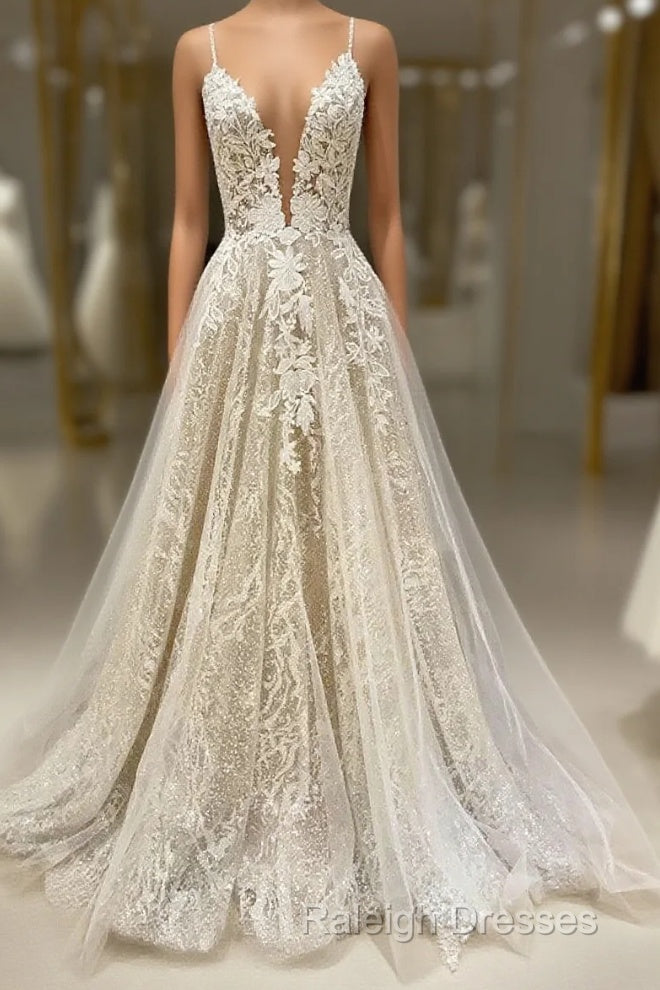 Unique V Neck Tulle Lace Long Prom Dress Lace Tulle Evening Dress Main image