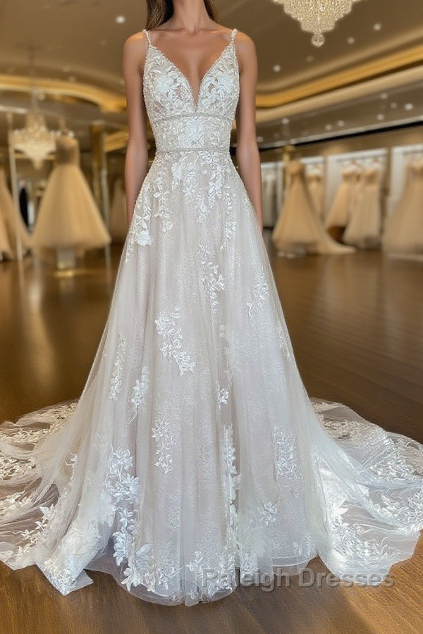 Unique v neck tulle lace long prom Dresses lace wedding Dresses