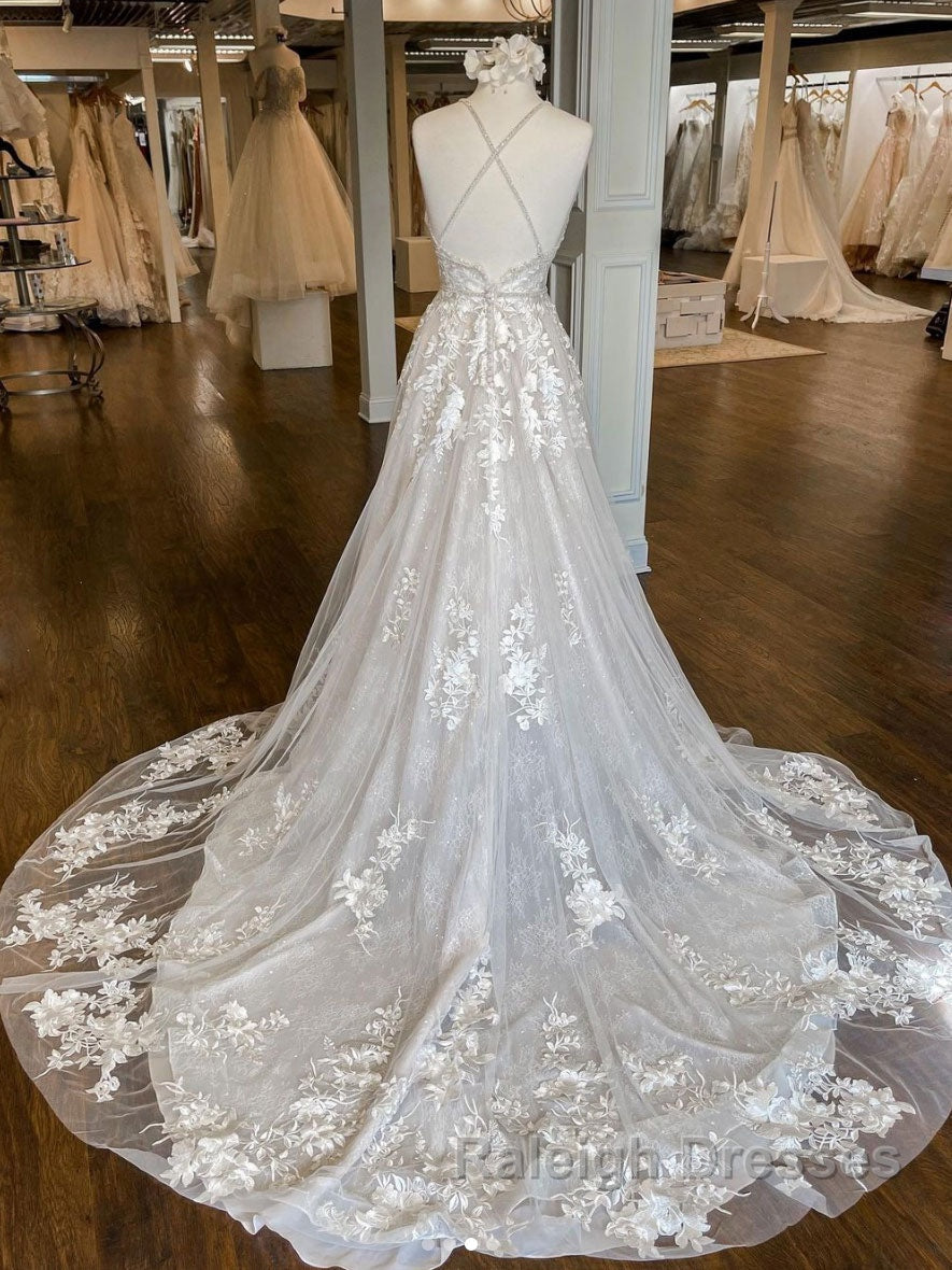 Unique v neck tulle lace long prom Dresses lace wedding Dresses