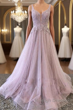 Unique v neck tulle lace long prom dress, tulle evening dress