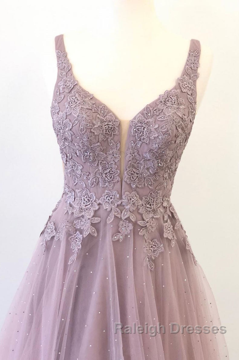 Unique v neck tulle lace long prom dress, tulle evening dress Secondary image