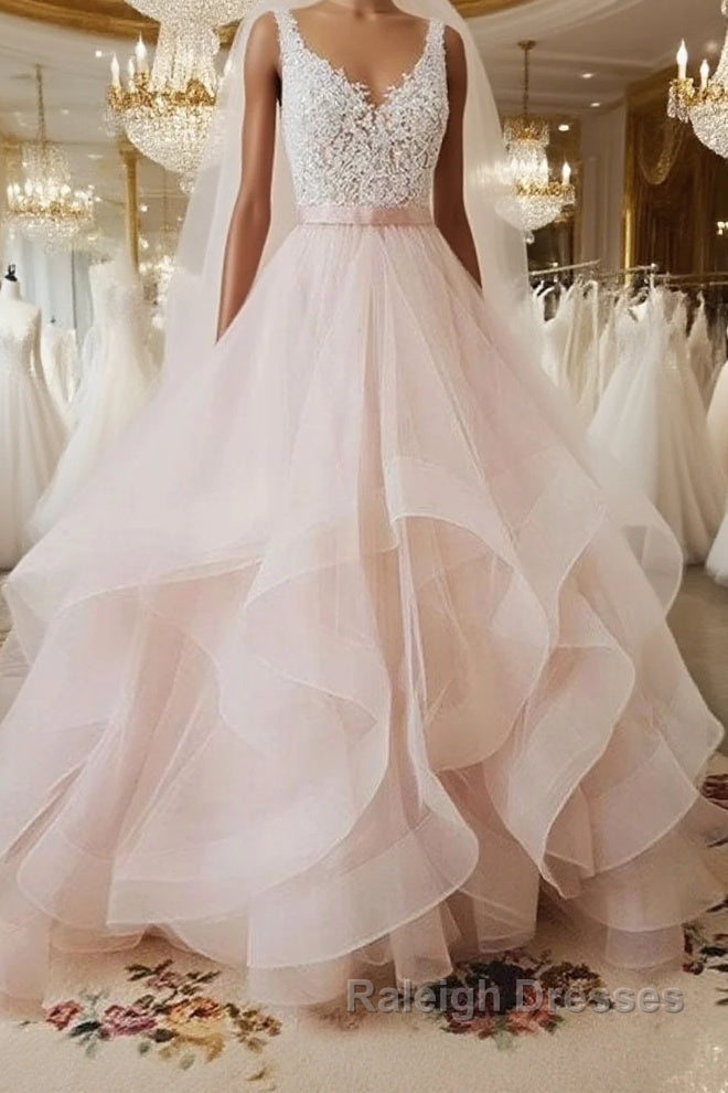 Unique v neck tulle lace long prom dress, tulle wedding dress Main image