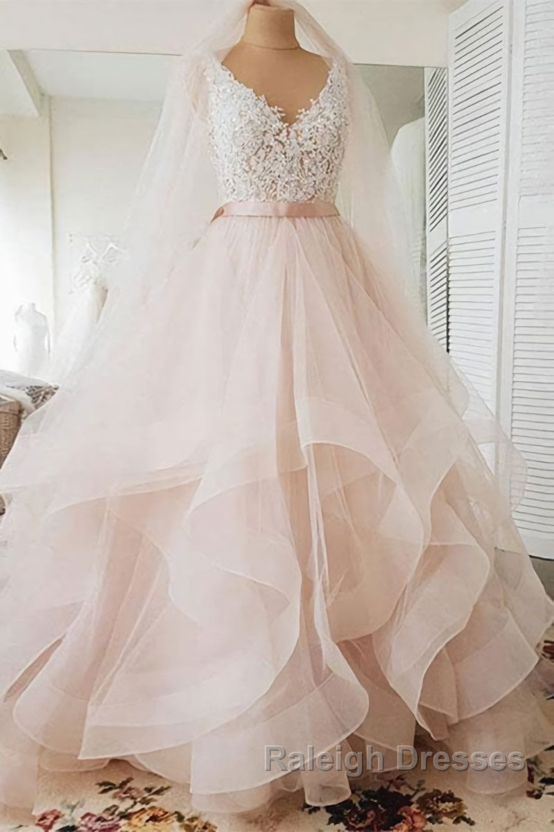 Unique v neck tulle lace long prom Dresses tulle wedding Dresses