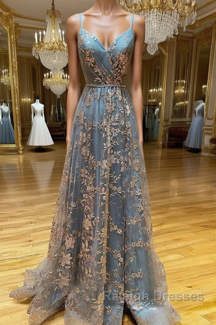 Unique v neck tulle sequin long prom dress, sequin long evening dress Main image