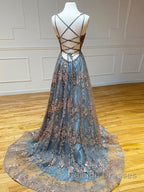 Unique v neck tulle sequin long prom dress, sequin long evening dress