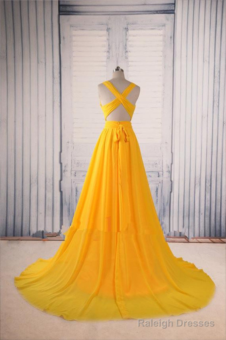 Unique V Neck Yellow Prom Dress With Sweep Train, Yellow Formal Dress, Party Dress Secondary image