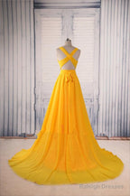 Unique V Neck Yellow Prom Dress With Sweep Train, Yellow Formal Dress, Party Dress