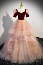 Unique Velvet Long A Line Prom Dress with Ruffles, Cute Prom Prom Dress