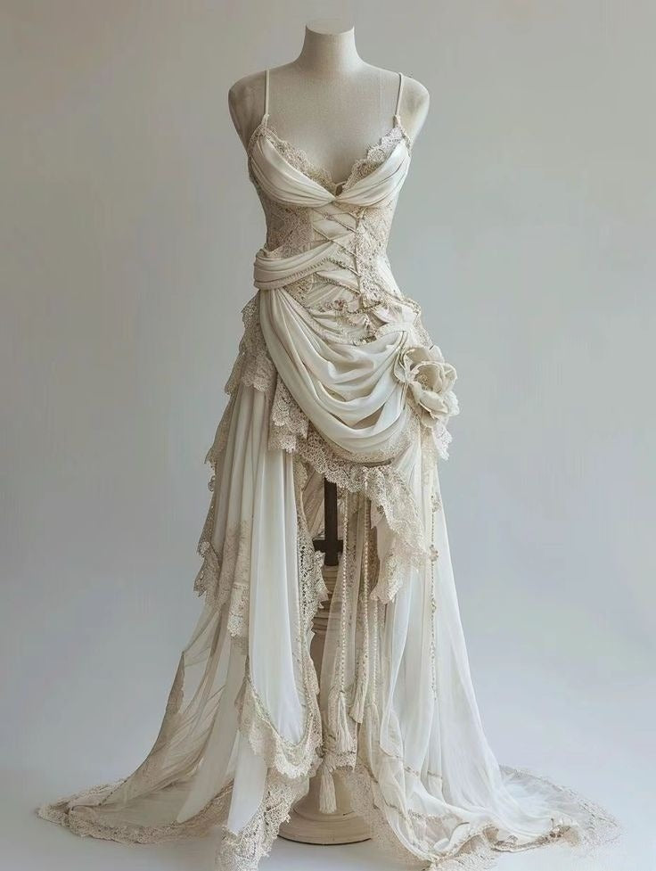 Unique Wedding Dresses Lace Appliques Ruched Bridal Gowns