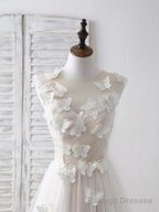 Unique White Round Neck Tulle 3D Lace Applique Long Prom Dresses