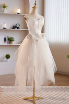 Unique White Strapless Irregular Tulle Short Prom Dress, White Prom Dress