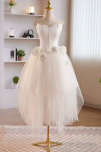 Unique White Strapless Irregular Tulle Short Prom Dress, White Prom Dress