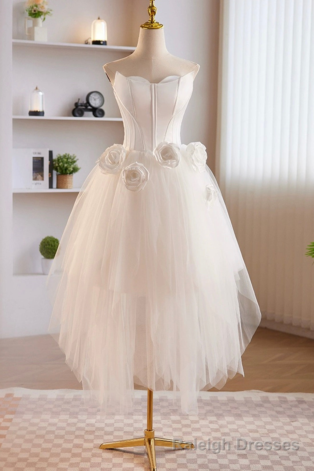 Unique White Strapless Irregular Tulle Short Prom Dress, White Prom Dress
