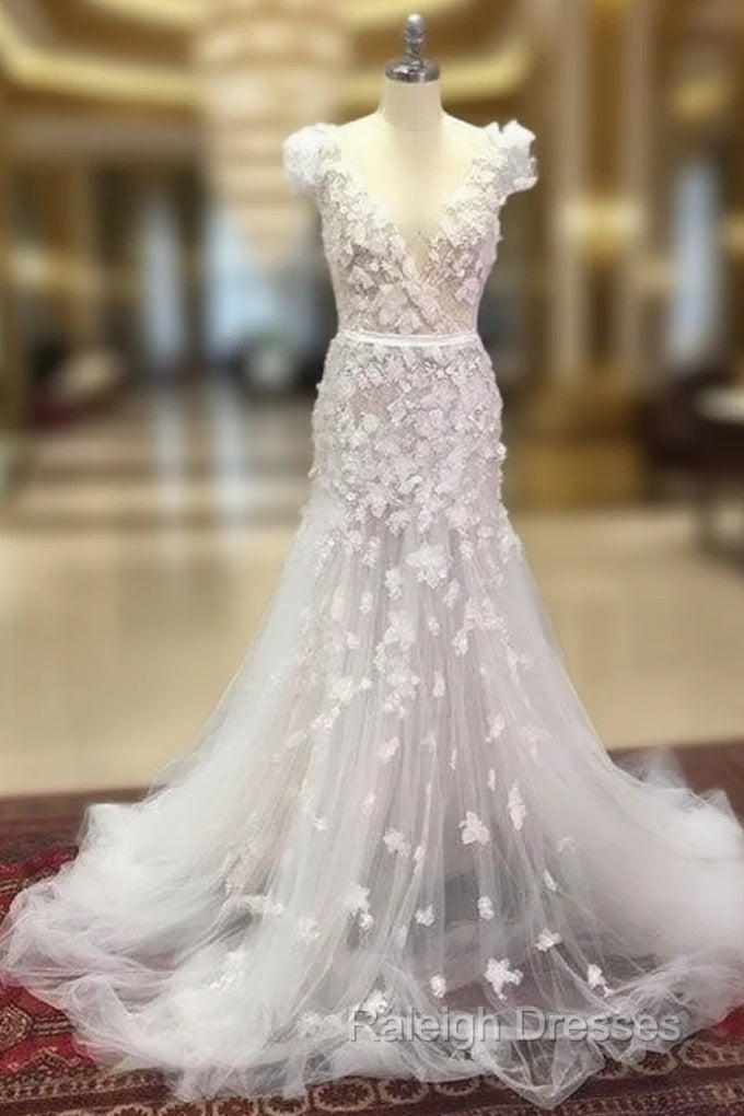 Unique White V Neck Tulle Long Prom Dress, Tulle Wedding Dress Main image