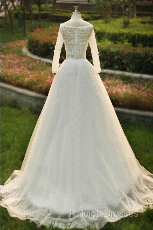 V-Neck A-Line Floor Length Tulle Wedding Dress With Beading Long Sleeves