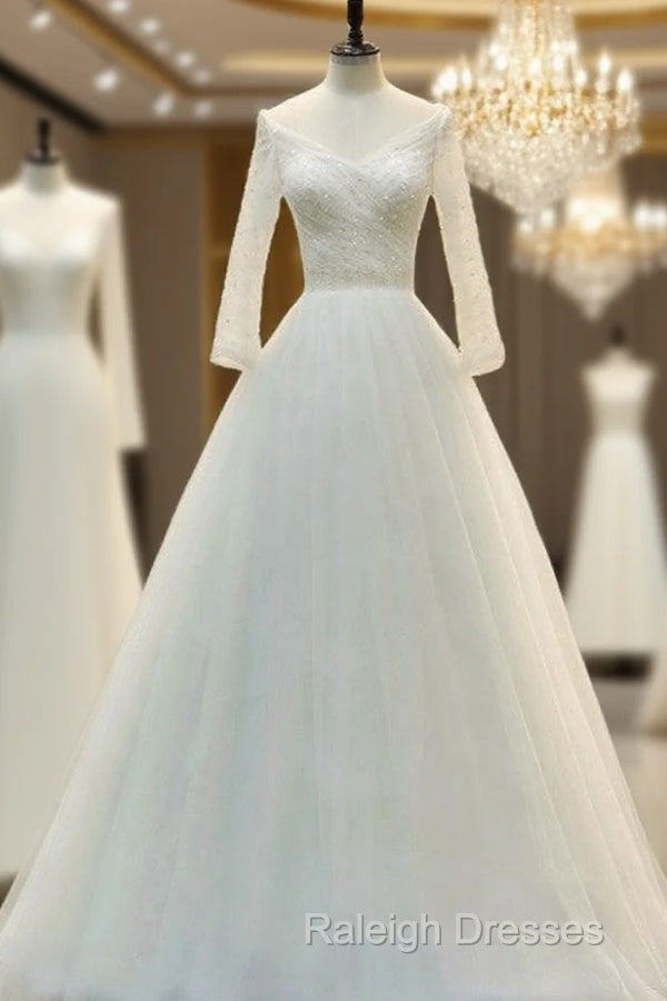 V-Neck A-Line Floor Length Tulle Wedding Dress With Beading Long Sleeves Main image