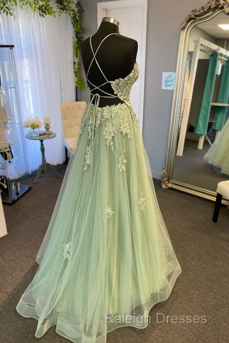 V Neck A Line Green Tulle Long Prom Dresses With Applique