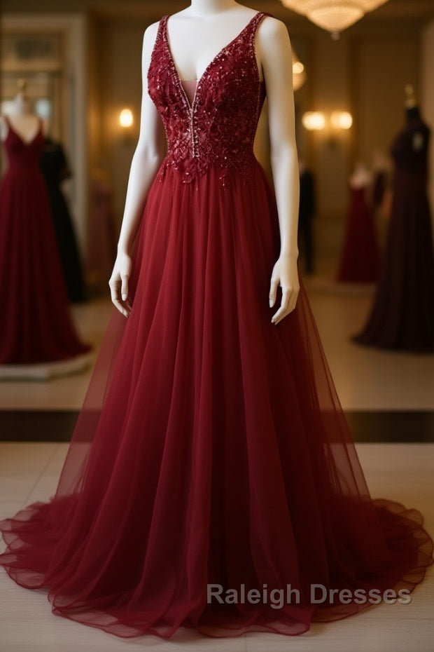 V Neck and V Back Burgundy Lace Long Prom Dresses, Open Back Burgundy Formal Dresses, Burgundy Lace Evening Dresses