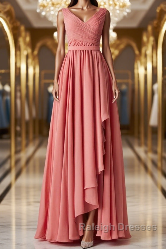 V Neck and V Back High Low Coral Chiffon Long Prom Dress Long Coral Prom Bridesmaid Dress with Slit