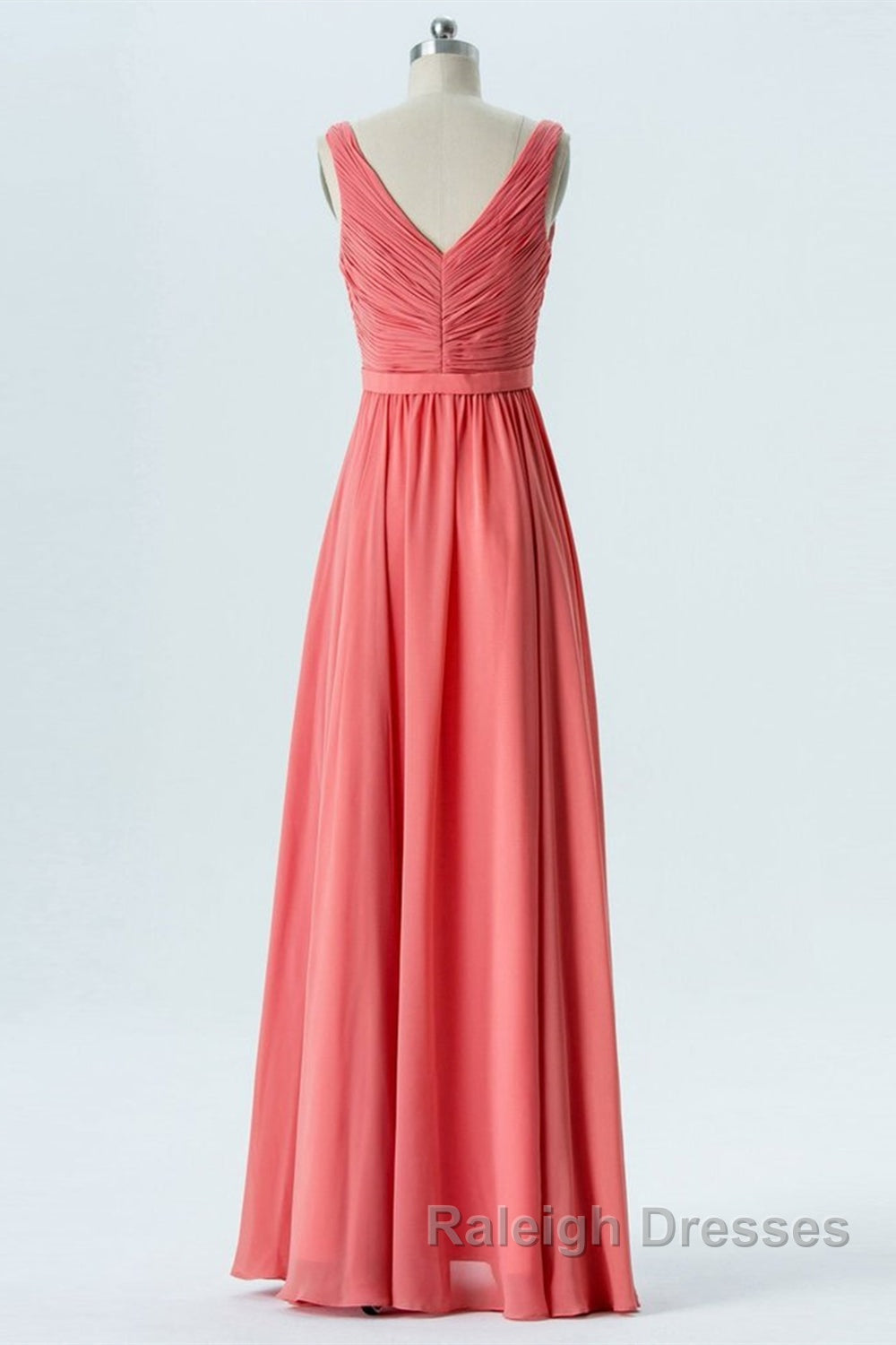 V Neck and V Back High Low Coral Chiffon Long Prom Dresses, Long Coral Formal Evening Bridesmaid Dresses with Slit