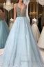 V Neck And V Back Sequin Tulle Long Blue Prom Dresses, Blue Evening Dresses