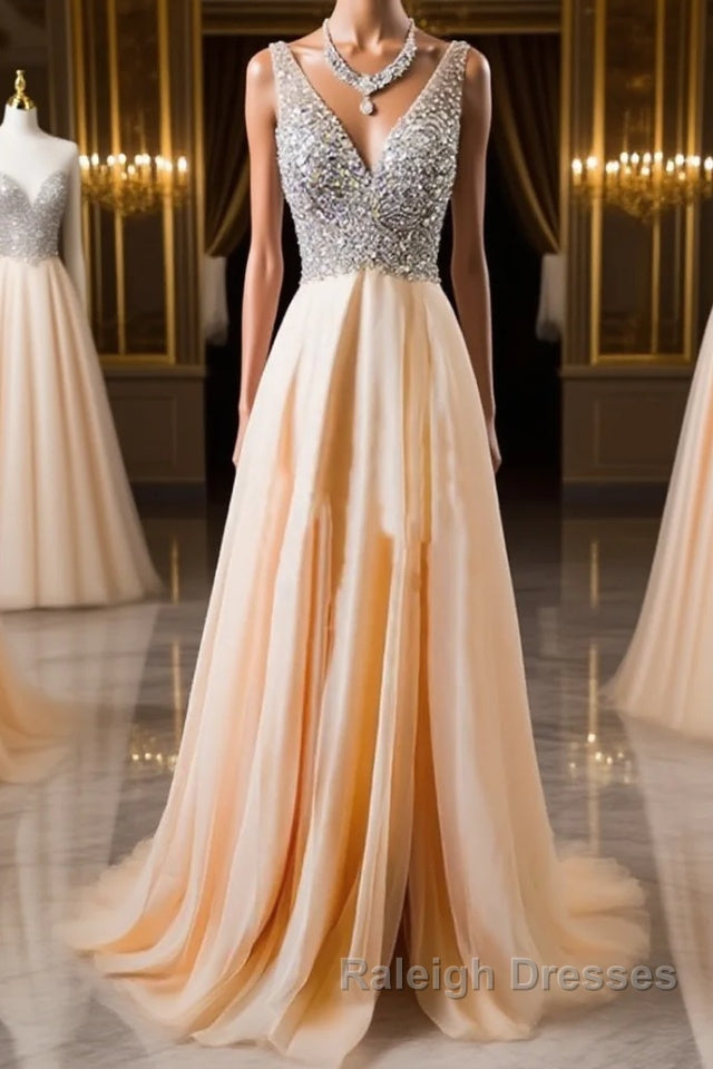 V Neck And V Back Sequins Chiffon Prom Dresses, Long Formal Dresses, Evening Dresses