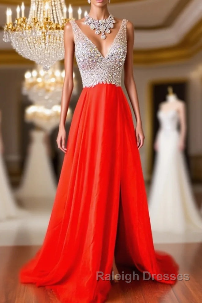 V Neck And V Back Sequins Chiffon Red Prom Dresses, Long Red Formal Dresses, Evening Dresses Main image